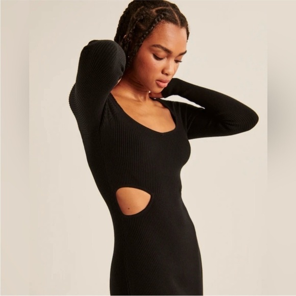 NWOT Abercrombie and Fitch Long-sleeve Cutout Midi Sweater Dress Black XL Petite - Picture 3 of 10